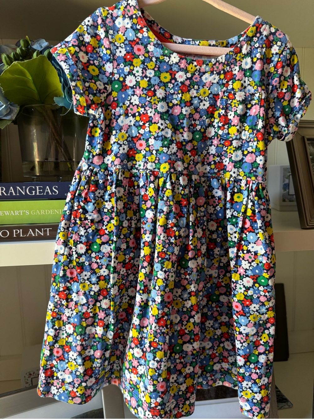 Mini Boden Navy Floral Short-Sleeve Dress with Pink Yellow Green Accents